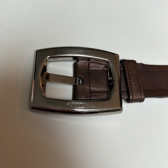 Prada vintage 80s Brown metallic leather belt~LG Chrome monogram buckle~openedge - Picture 10 of 15